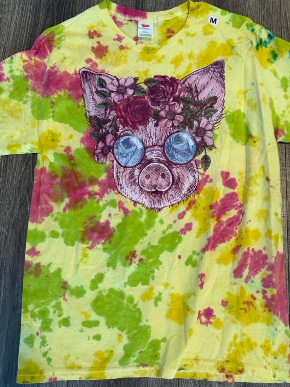 Hanes Yellow, Green & Pink Tie-Dye Pig Graphic Tee